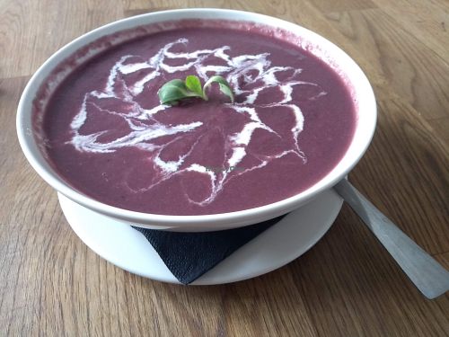 Vegan red cabbage soup, a staple of nordic countries. Love the swirly patter! at MiiT in Riga