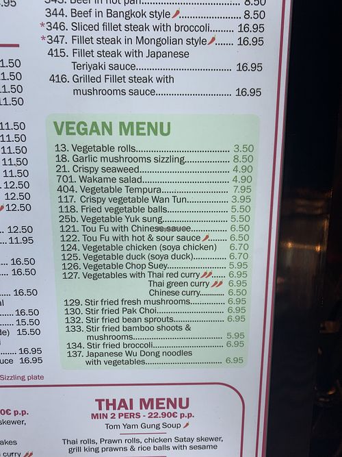 Vegan menu   at Great Asia in Lanzarote