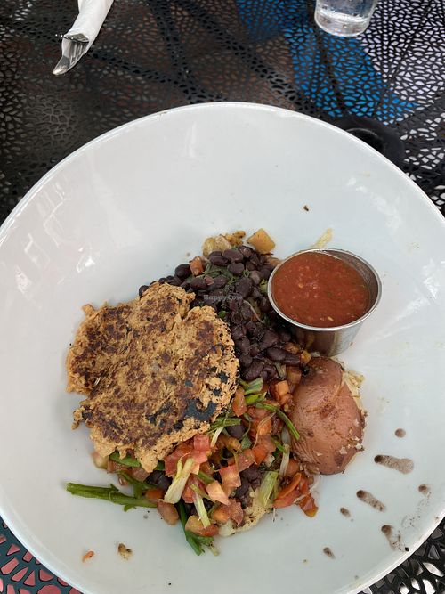 yin yang bowl with vegan sausage   at Naked Cafe in Solana Beach