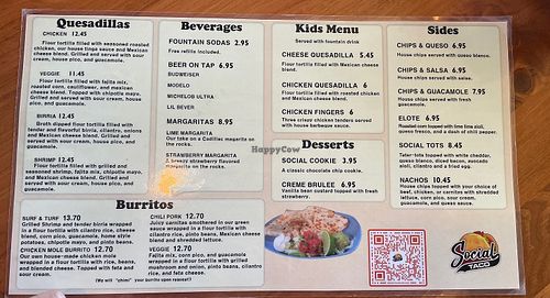 Menu  at Social Taco in East Peoria