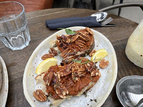 Open face sandwiches with date pesto, lemon, pecans (listed with avocado salad on menu, server informed us the avocado has egg, leave it off to make it vegan.)  at Hvammsvík Hot Springs in Hvammsvik