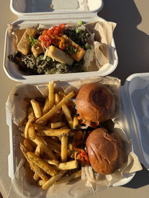 fried tofu rice bowl (vegan) & tofu sliders with truffle fries (vegetarian)   at Birdhaus Beer Garden in Union City