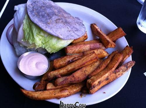 Portobello burger with fries (fry sauce is not vegan) at Black Sheep Cafe in Provo