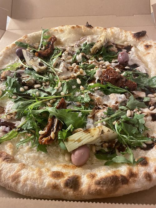 Hiver pizza with soy cream sauce and lots of yummies! Great crust too!  at Pizza Del Nonno in Avignon