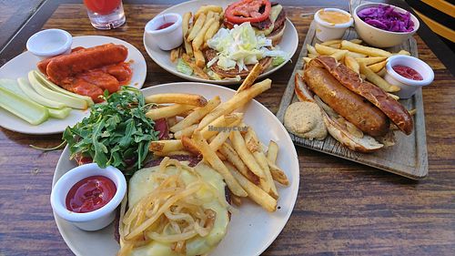 Steakhouse and Lucky star burgers with buffalo wings and Wunderbrat  at Veggie Grill by Next Level - Santana Row in San Jose