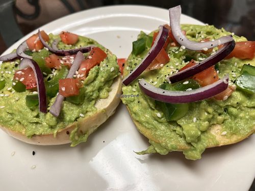 Avocado bagel toast with vegetable toppings and everything seasoning   at Lee's Coffee & Tea in Laurel