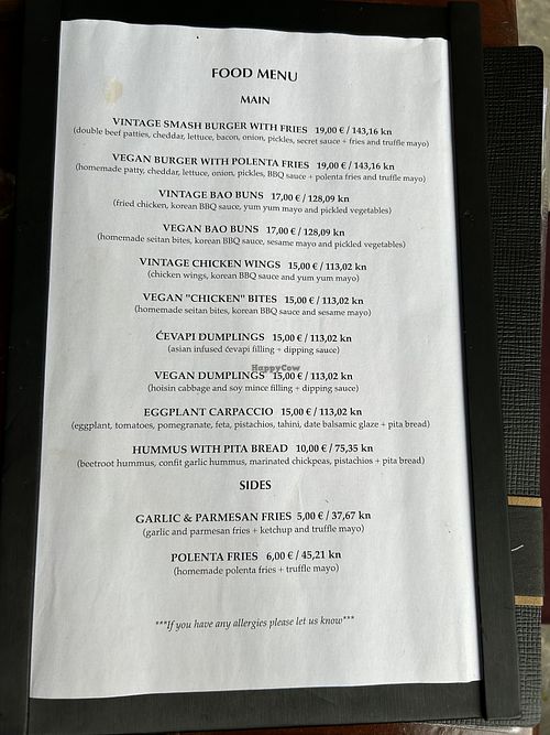 Menu as of June 2023  at Vintage Bar in Hvar