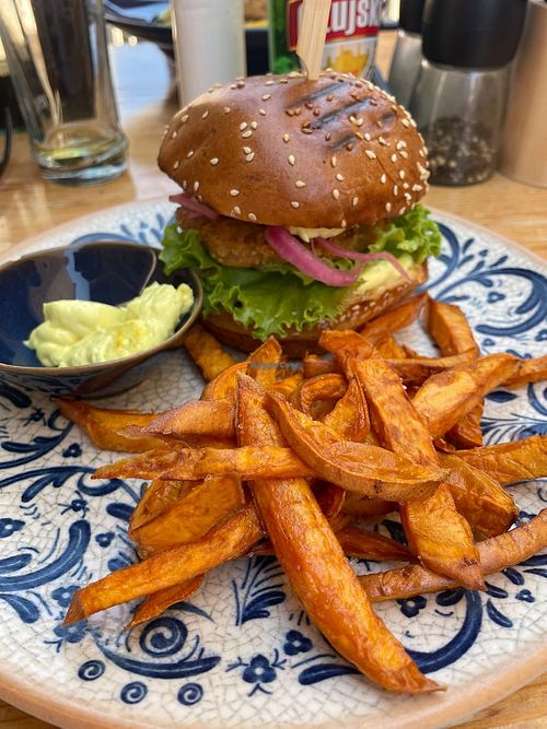 Katsu burger with sweet potato fries   at Masha Vegeteria in Jelsa