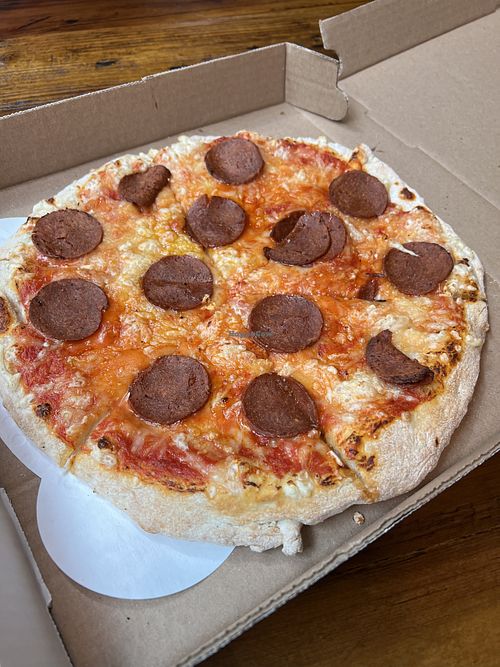 Vegan pepperoni pizza  at Brickyard Hollow in Freeport