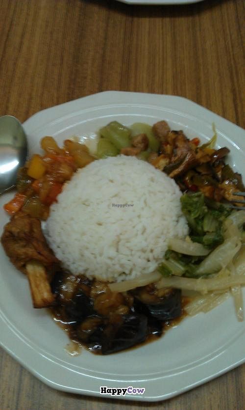 Rice with 4 vegetarian precooked dishes at Vegan Heaven in Port Louis