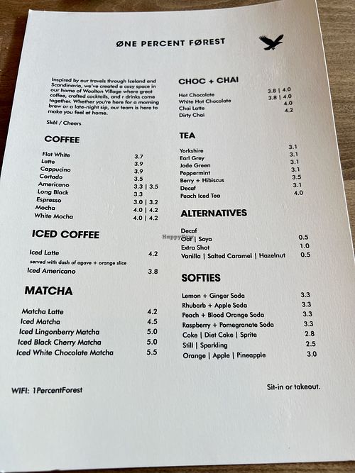 Drinks menu   at One Percent Forest in Liverpool