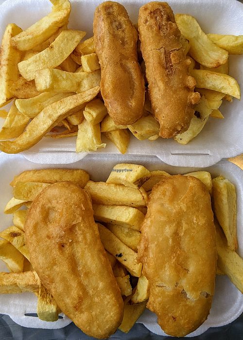 Vegan fish and sausage and chips at The Front Fish and Chips in Newbiggin-by-the-sea