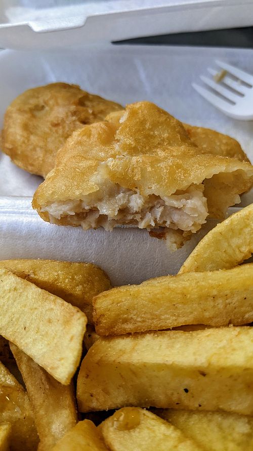 Tasty, flaky vegan fish was delicious at The Front Fish and Chips in Newbiggin-by-the-sea