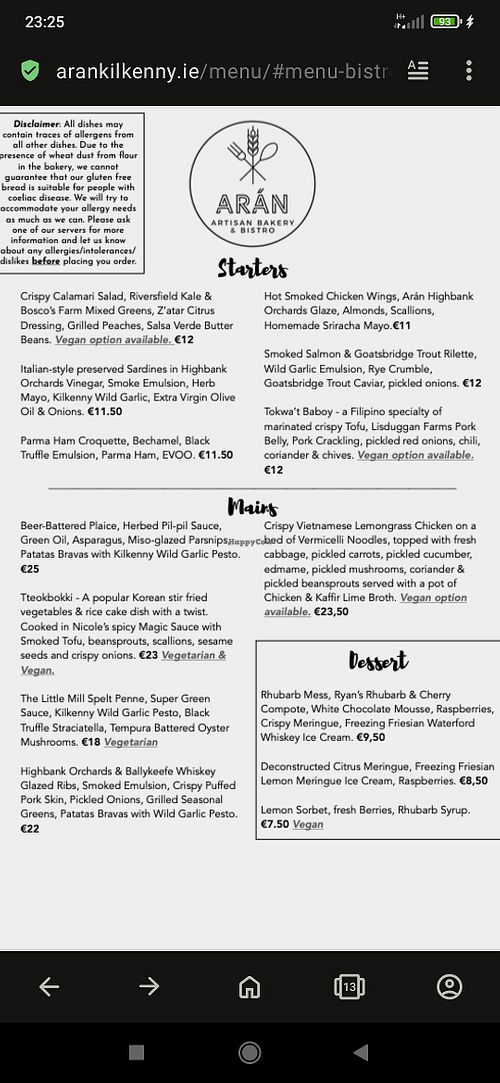 Evening Menu at Arán Artisan Bakery & Bistro in Kilkenny
