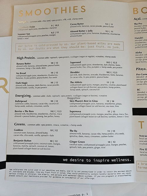 Smoothie menu at E+ROSE Wellness - Peabody Plaza in Nashville