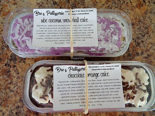 Mini cakes in coconut ube and chocolate orange flavors. Yum! at Bre's Patisserie in Warren