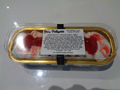 Strawberry cheesecake cake, a cake stuffed with cream cheese. Vegan. at Bre's Patisserie in Warren