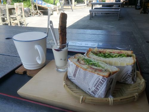 set meal with panini, vegan yoghurt, energy bar and oat mik tea at Starry X Sky Art Vegan Village - 星空X藝素村 in New Taipei City