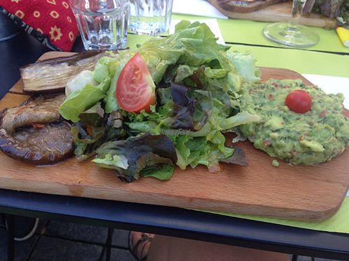 ";Planche"; of the day with avocado tartare grilled aubergine, artichoke and a big salad. comes with sourdough break at Pain and Cie in Reims