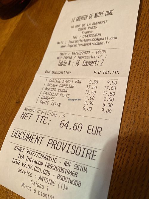 Correct price  at Le Grenier de Notre Dame in Paris