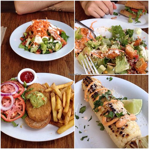 Santa Fe crispy chickin sandwich the B-Wing salad & Chargrilled street corn at Veggie Grill by Next Level - The Dome in Hollywood