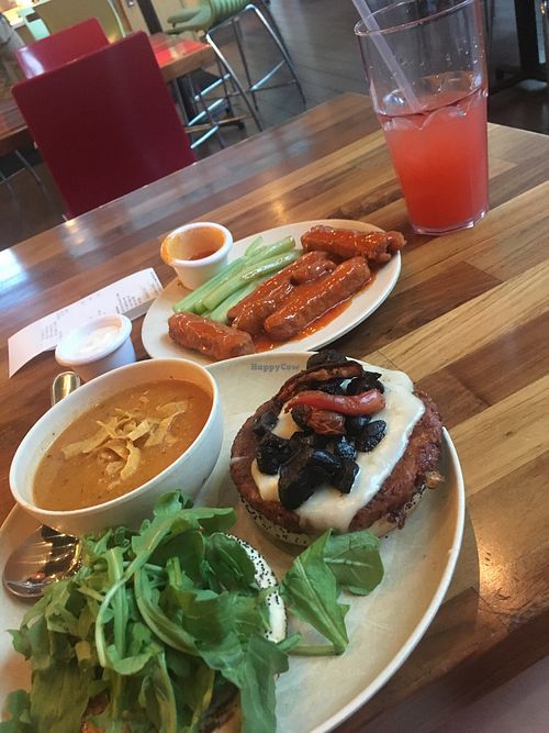 Lucky Star Burger, Buffalo Sticks, Strawberry Lemonade at Veggie Grill by Next Level - The Dome in Hollywood
