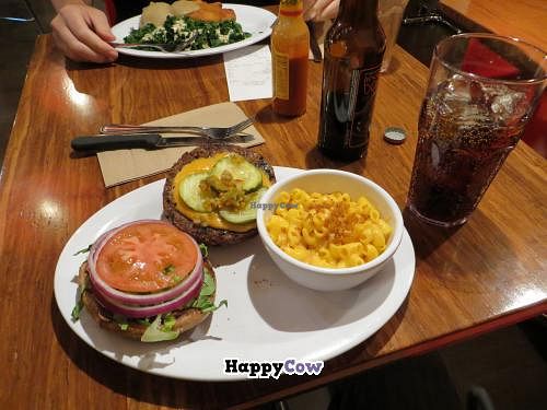 Veggie burgar with Mac and cheese and Fried chicken (vegan) at Veggie Grill by Next Level - The Dome in Hollywood