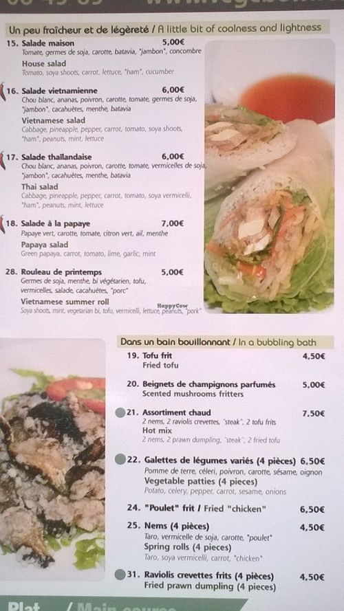menu at Vegebowl in Paris
