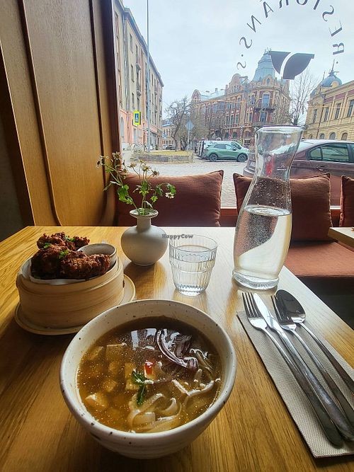 Delicious pho and corn crisps at RĪSI+NŪDELES in Liepaja