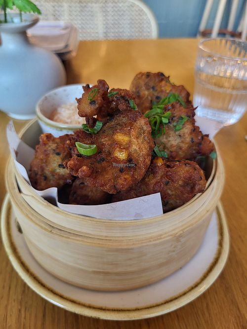 Corn inside. Chilli sauce. Delicious entrée. at RĪSI+NŪDELES in Liepaja