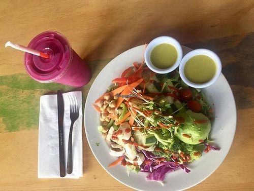 Swami's Salad and Pitaya Smoothie. SO GOOD. at Swami's Cafe in Oceanside