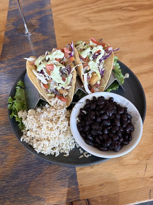 Vegan Fysh Tacos brown rice and black beans  at Swami's Cafe in Oceanside