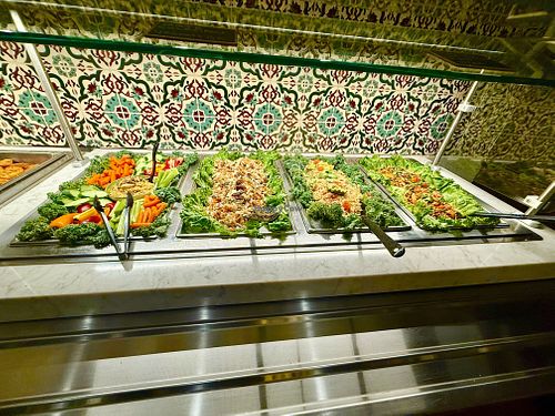 Crudite and Hummus, Date kale slaw, couscous salad and chipotle ranch 3 bean salad all clearly labeled vegan 🌱   at The Ranch 1849 Restaurant in Furnace Creek