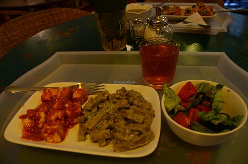 Tomato-y tofu, Stroganoff, Salad, Strawberry Drink at Samadeva in St Petersburg