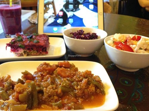 Beet salad, black currant lassi, beet with tofu, mixed vegetables at Samadeva in St Petersburg