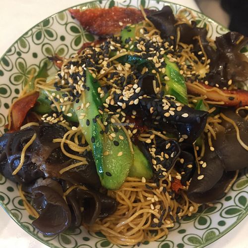 vegetarian BBQ pork, organic wood ear and veggie noodles  at Veggie Mama in Kowloon