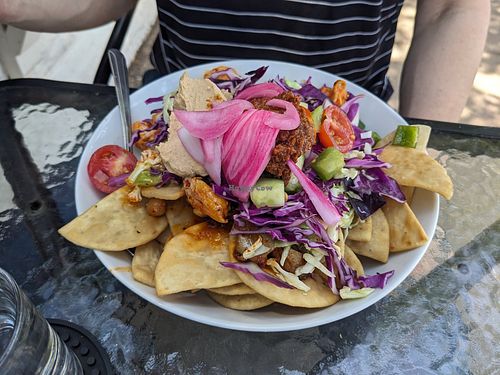 Mediterranean nachos (pita chips are amazing - highly recommend) at GROW Café + Bistro in Saugatuck
