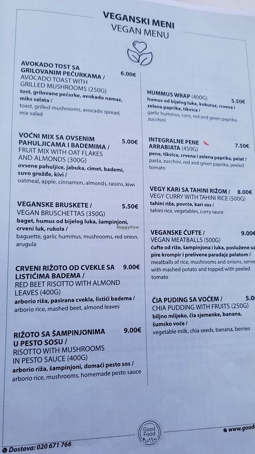Meni/Menu at Good Food in Podgorica