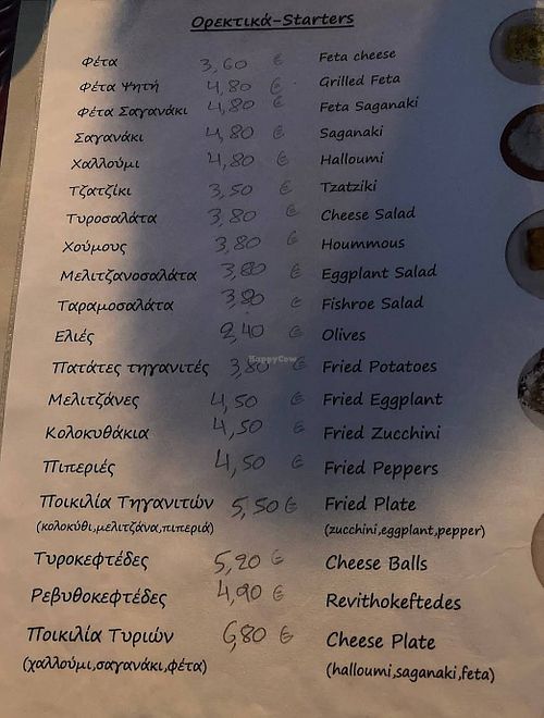 Vegan options are: hummus, eggplant salad, olives, French fries, fried Vegetables (always specify vegan) at Eftihia in Rhodes