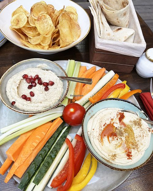 Hummus & muttabal plate + homemade potato chips at Machar 44 in Yerevan