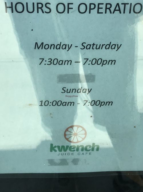 Kwench Juice Cafe hours - Raleigh location   at Kwench Juice Cafe in Raleigh