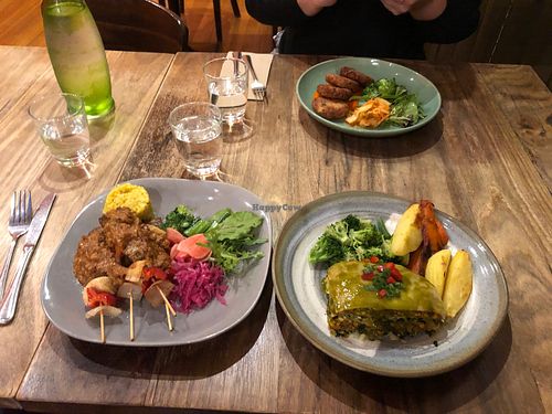 Satay and lasagna.  at Shakahari Too in South Melbourne