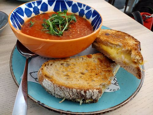 Tomato and red pepper soup with a vegan grilled cheese at Dudley and George's in Llandudno
