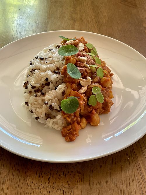Vegan curry with Zen rice.  at Rokaku Tea House - Hexagon Cafe  in Miyajima