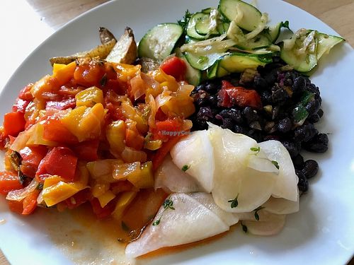black bean and radish (kohlrabi) salad & peppers & potatoes at Beetroot in Frankfurt