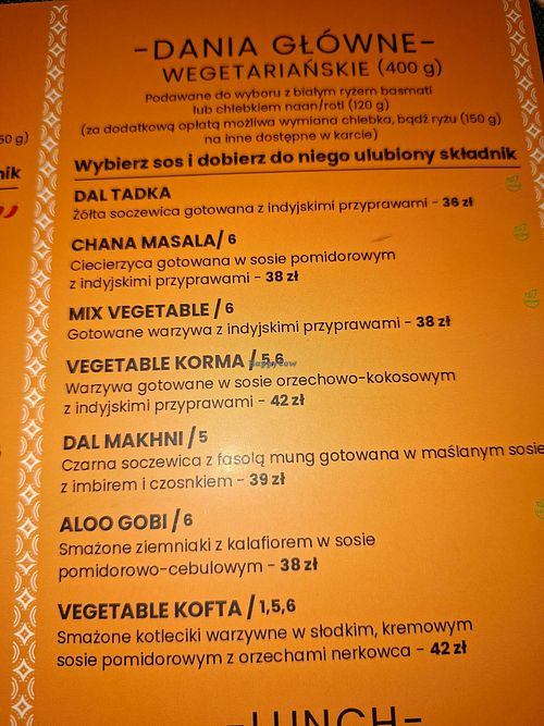 Vegan menu at Tandoor Kuchnia Indyjska in Olsztyn