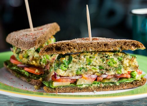 Vegetarian Burger : The combination of rye bread with a lentil cutlet, fresh vegetables & pesto souse at Cafe Ukrop in St Petersburg