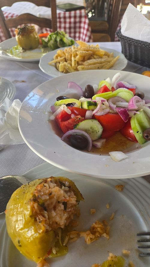 Rice stuffed peppers, French fries and Greek Salad minus the feta! at Taverna To Paramithi in Kalampaka