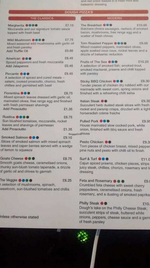 Pizzas (June 2015 menu) at Dough Pizza Kitchen in Manchester