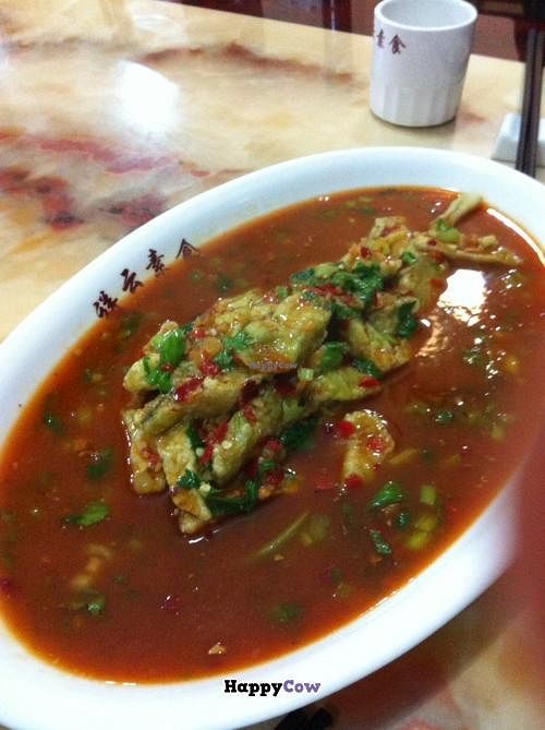 So tasty! Breaded (vegan) eggplant laid out to look like a traditional Chinese fish dish. at Xiangyyu Vegetarian in Leshan